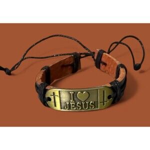I Love Jesus Leather Bracelet - Black Brown - Gold Tone Metal - Cross Faith